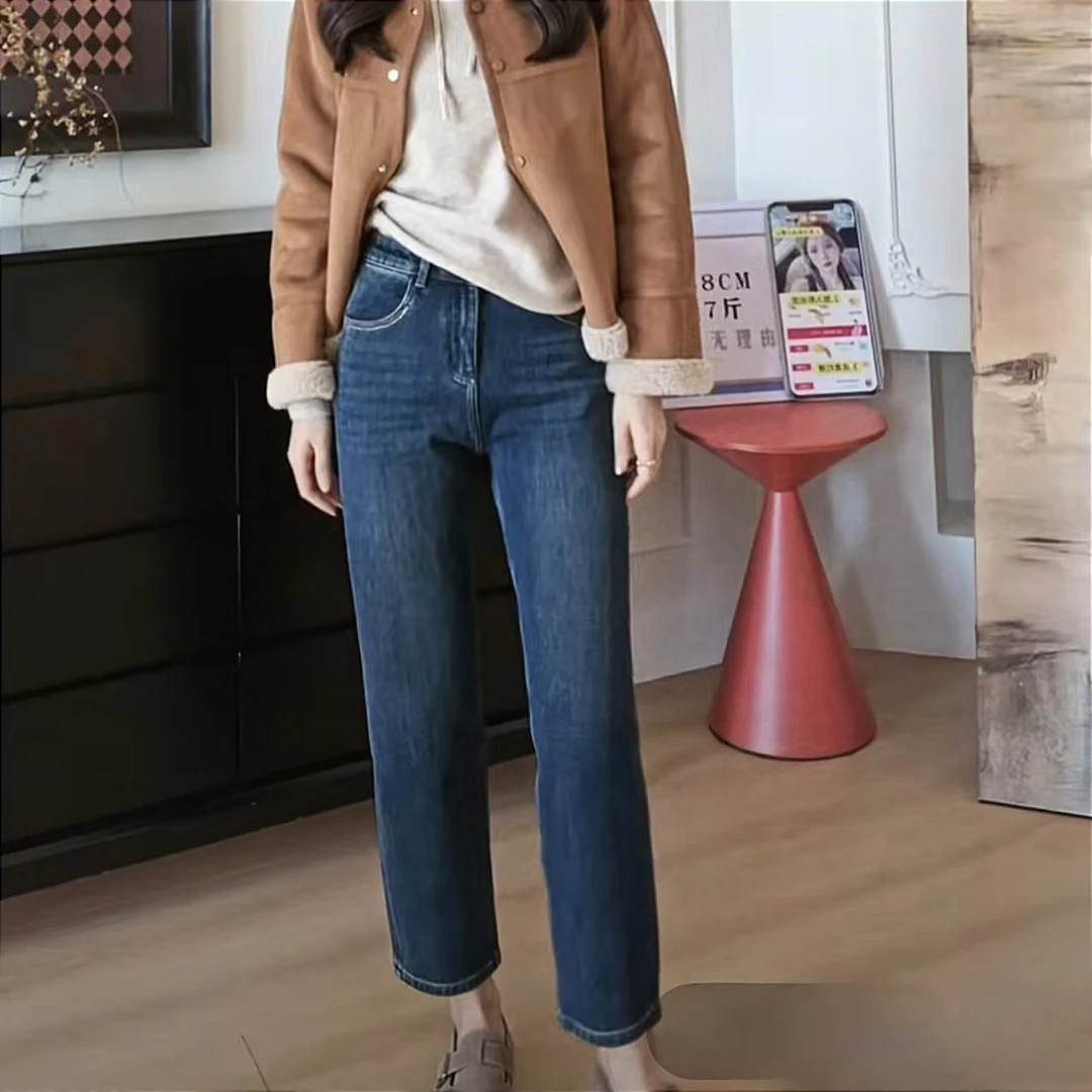 【YHH】冬季韩版时尚加绒牛仔九分法棍裤-YHK4493