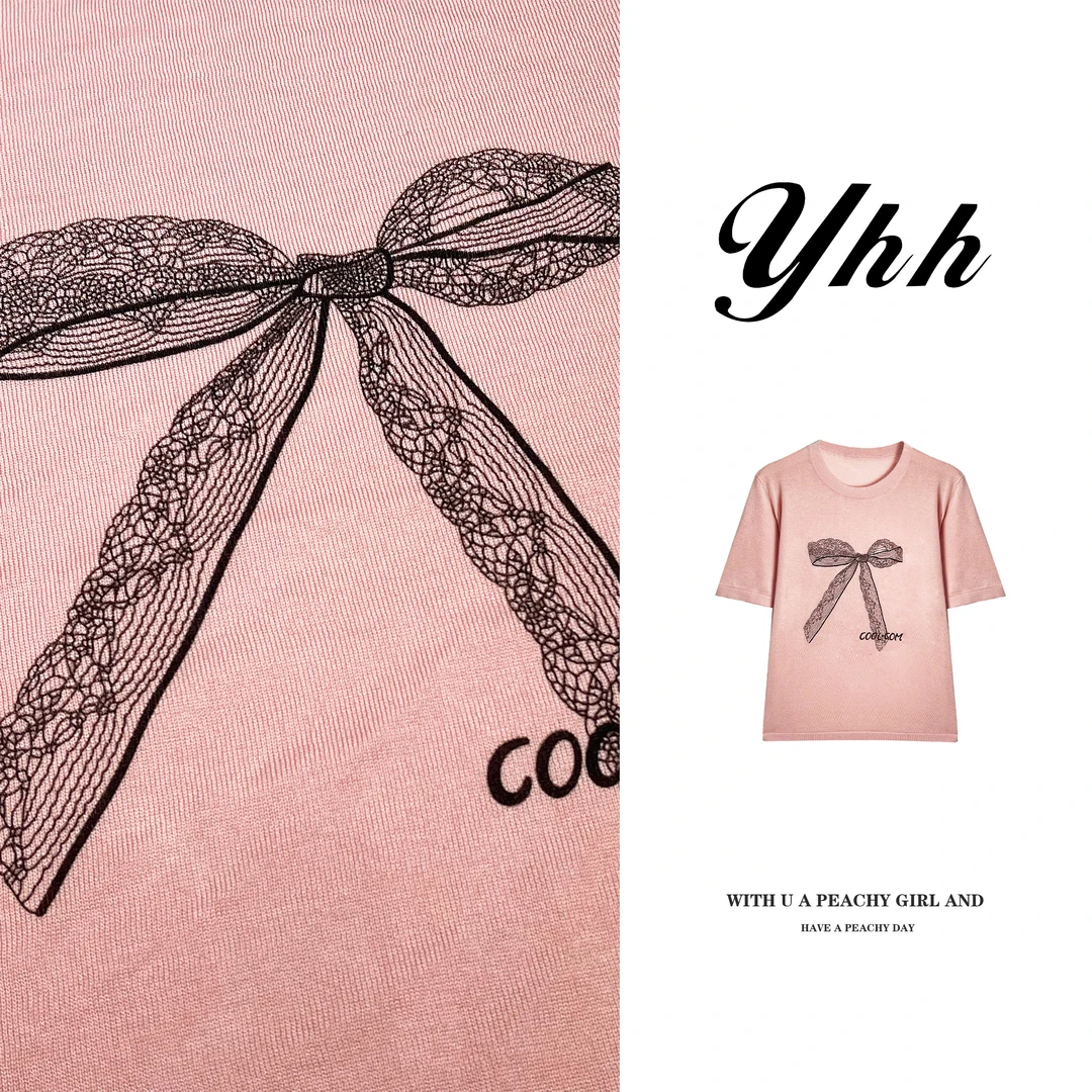【YHH】夏季韩版蝴蝶结印花休闲圆领短袖针织衫-YHW4338