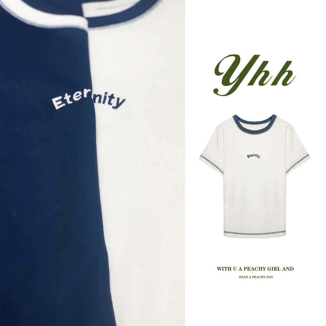 【YHH】夏季休闲运动百搭字母刺绣针织T恤-YHW4241