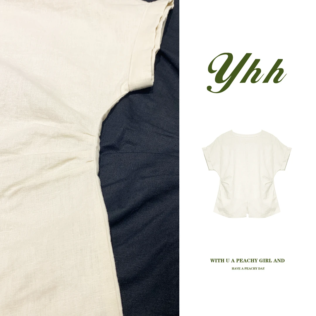 【YHH】夏季洋气圆领收腰褶皱前开叉衬衫-YHW4574