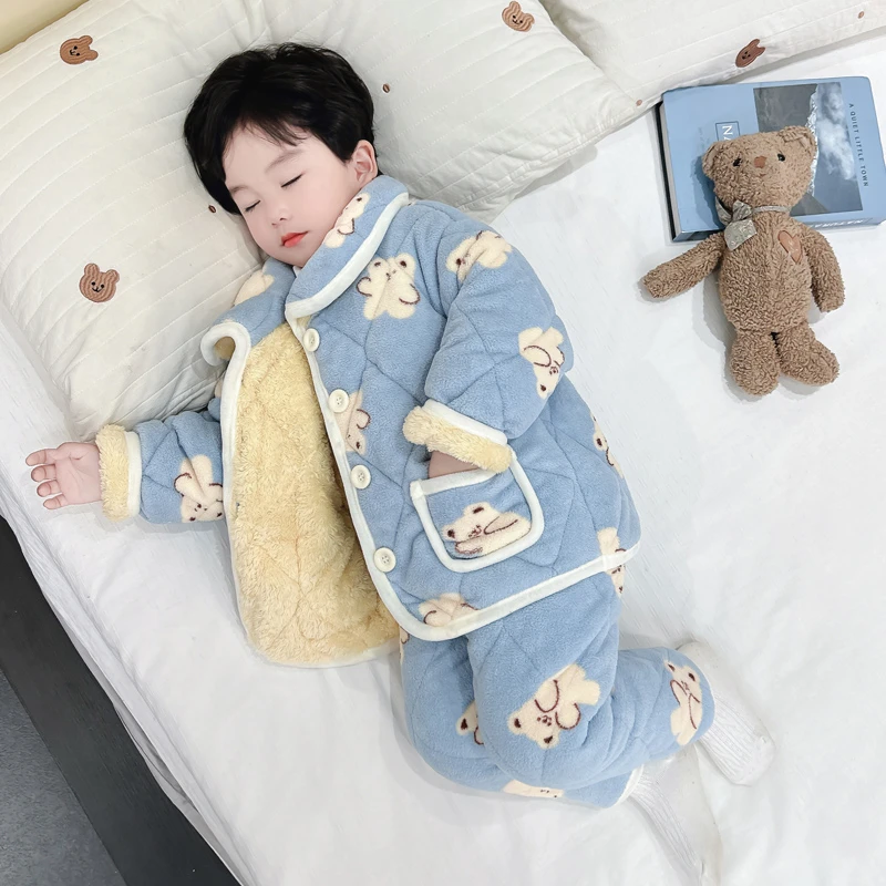 儿童睡衣冬款男童珊瑚绒套装三层夹棉男孩加绒加厚保暖宝宝家居服