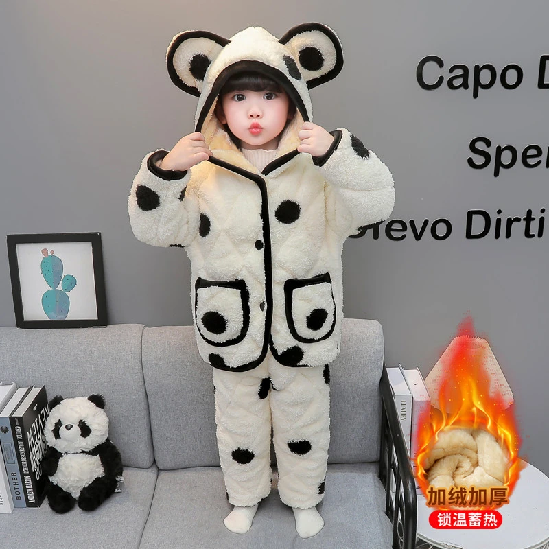 儿童三层夹棉加厚睡衣秋冬女童保暖家居服套装女孩宝宝珊瑚绒睡衣