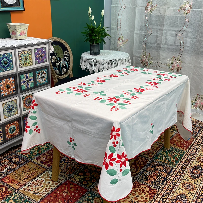A064白色棉质（140*210cm）手工老北京补花贴布绣圣诞节大桌布餐桌