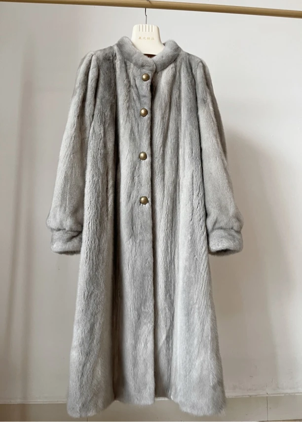 进口水貂母貂全抽工艺天鹅绒宝石蓝本色皮草中古风立领貂皮大衣