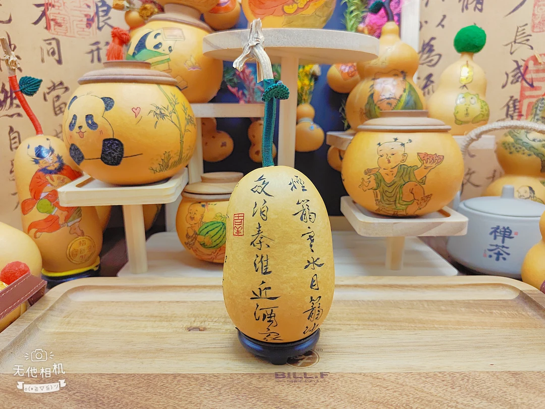 高度10厘米墨刻天然葫芦手把件摆件书法墨刻