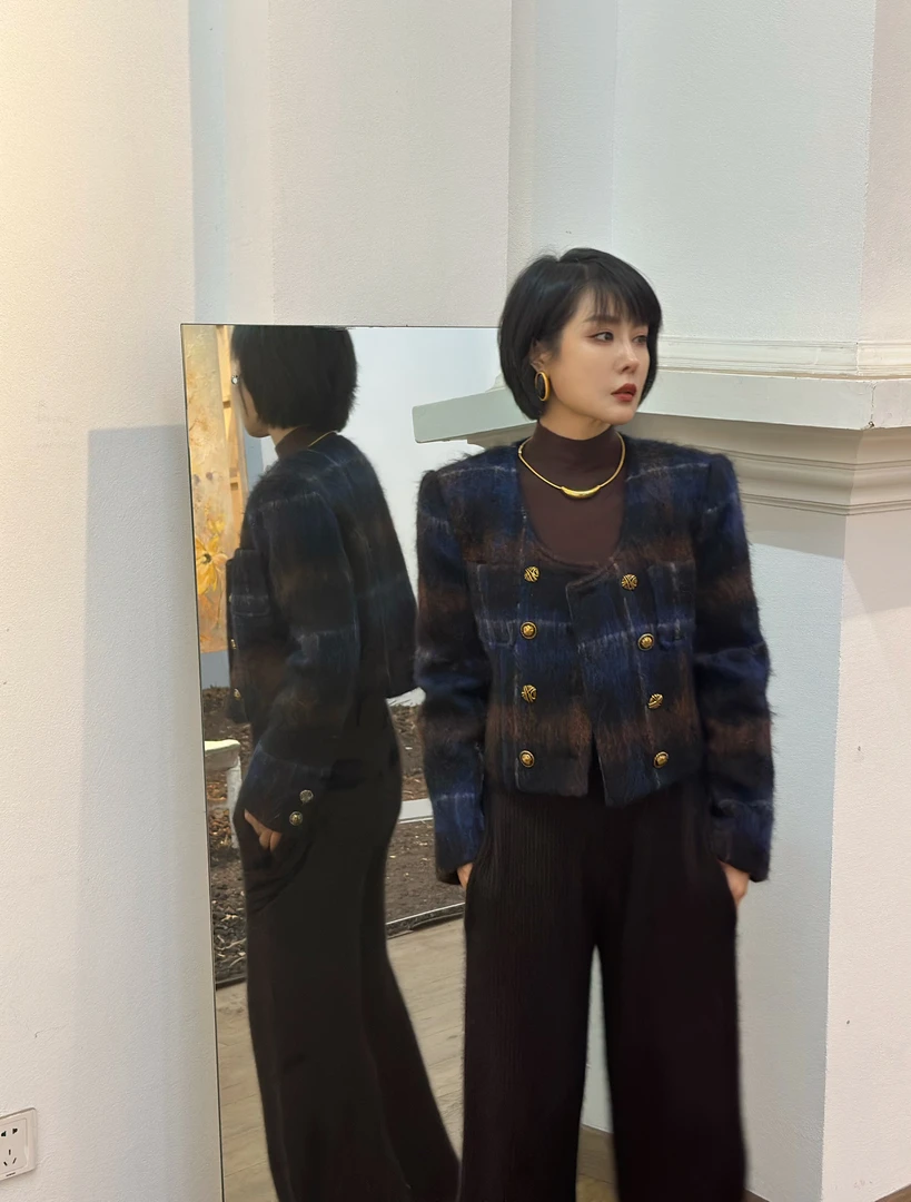 【黑糖威士忌】进口羊毛长马海彩格呢小众设计复古小香冬季短外套