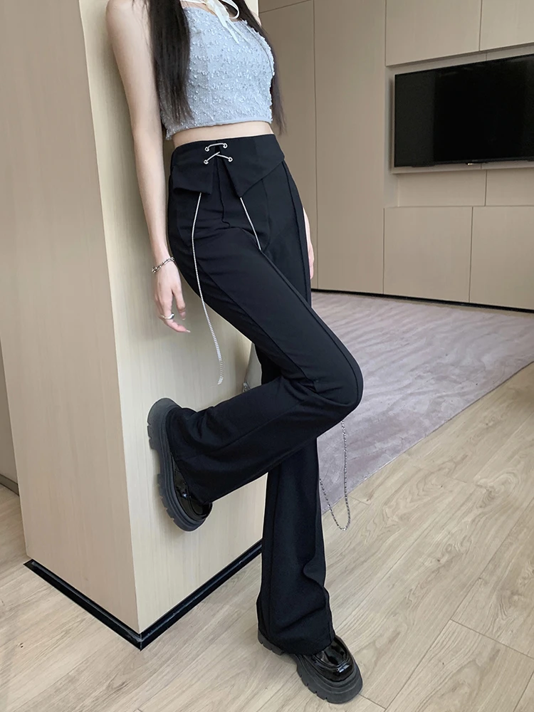 【浅浅专属】黑色微喇裤女设计感链条高腰显瘦休闲长裤修身垂感喇叭