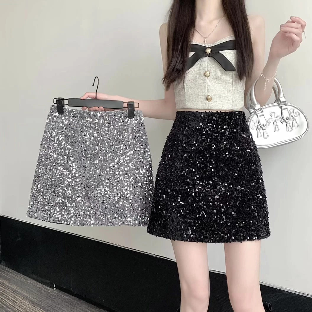 2025春夏秋款黑色高级感亮片半身裙女小众高腰显瘦短裙子有防走光