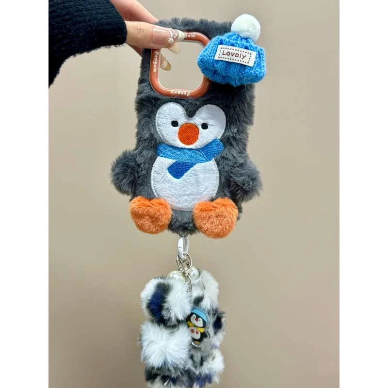 适用苹果16promax手机壳创意15pro14趣味13ins创意毛绒帽子企鹅