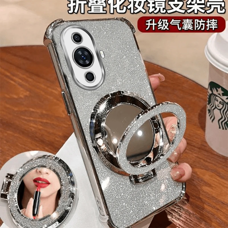 适用于华为Nova11手机壳用于四角防摔气囊闪粉横竖镜子支架防摔
