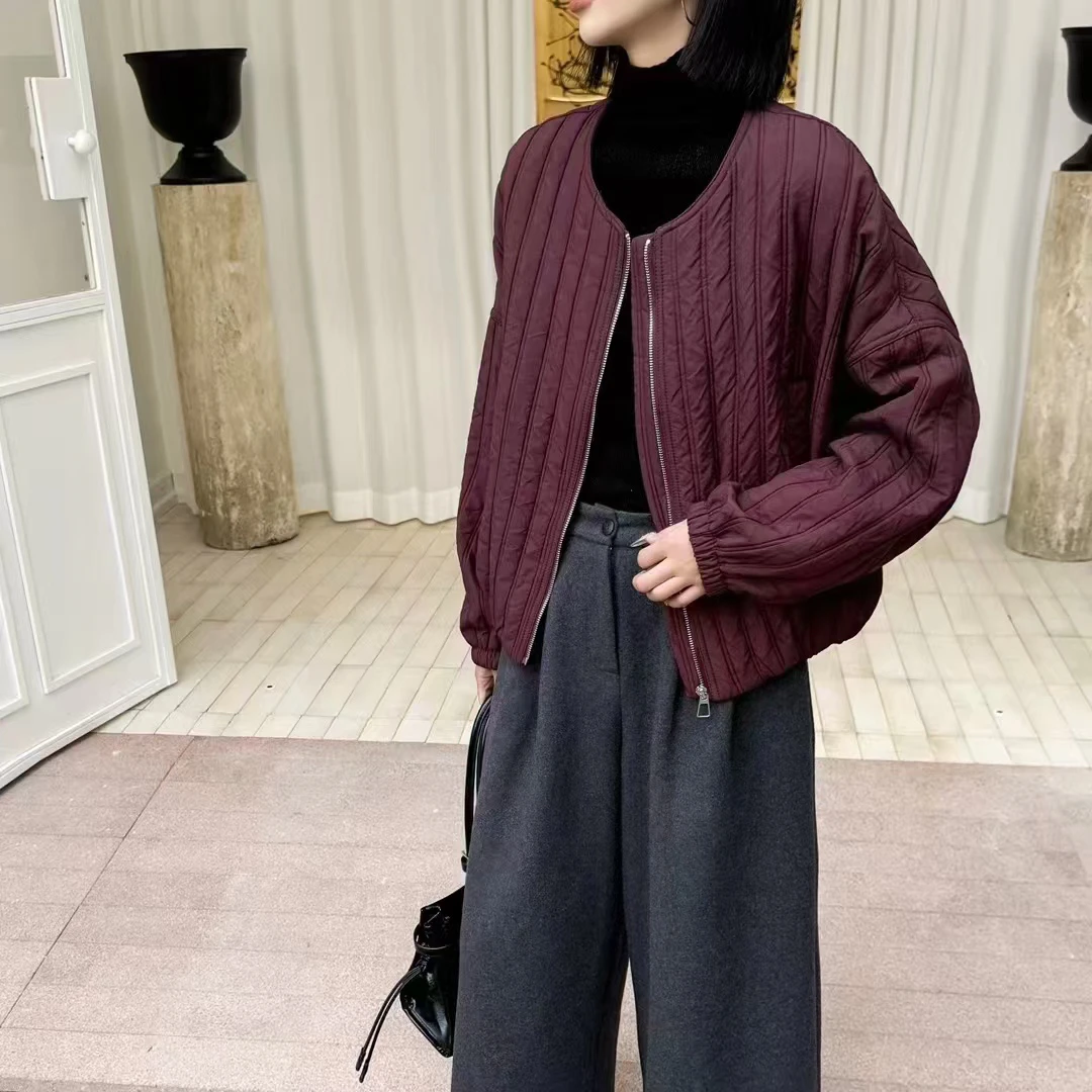 宽松小个子拉链竖条绗棉外套女短款休闲下摆松紧高级感加厚上衣