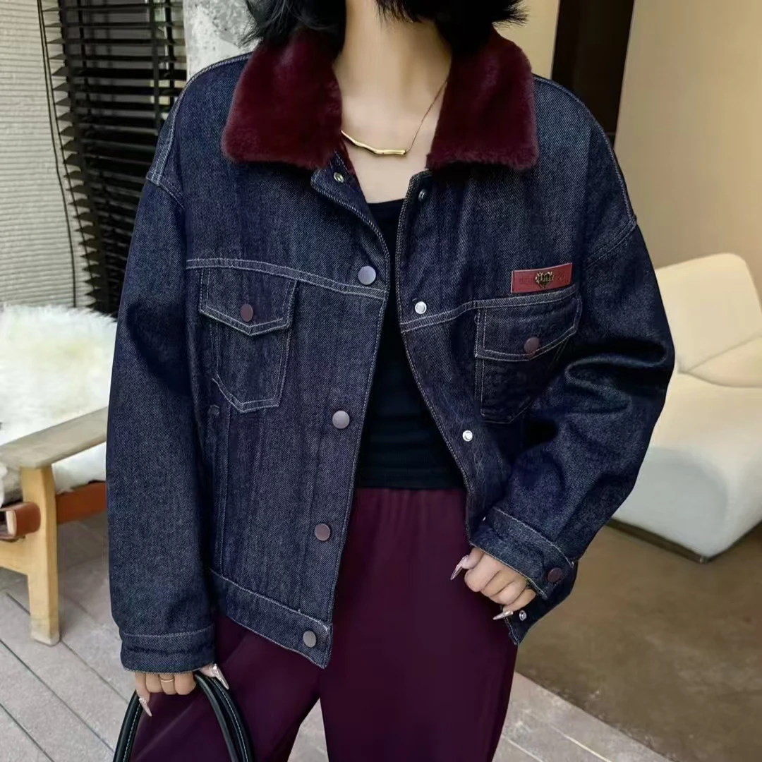 （加绒厚深蓝色牛仔）外套女冬2024新款高级感拼色毛领短夹克时尚