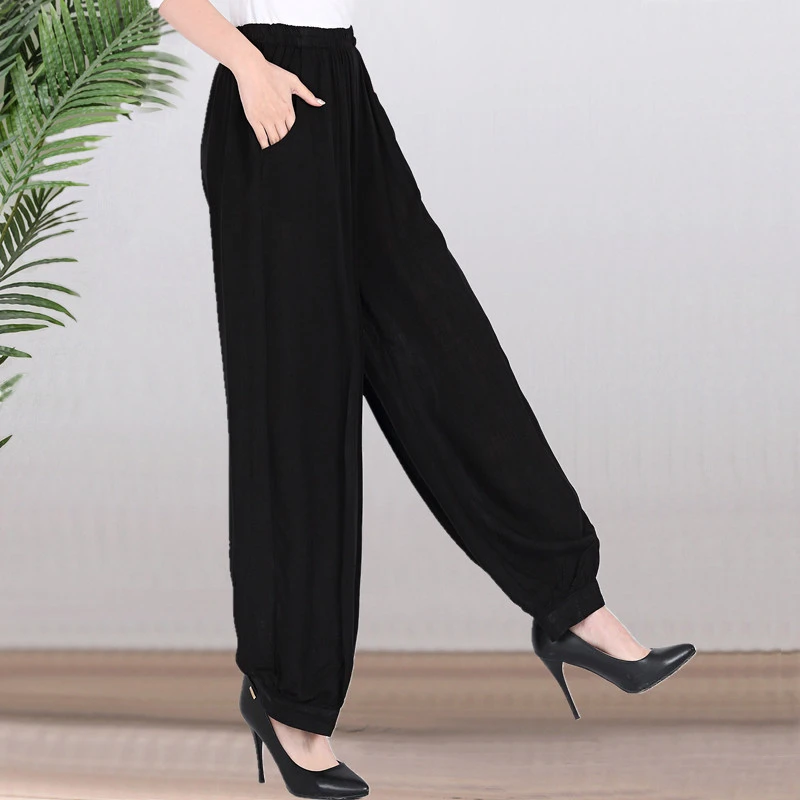 棉绸阔腿灯笼裤中老年女裤纯色薄款下垂防蚊裤高腰宽松休闲沙滩裤