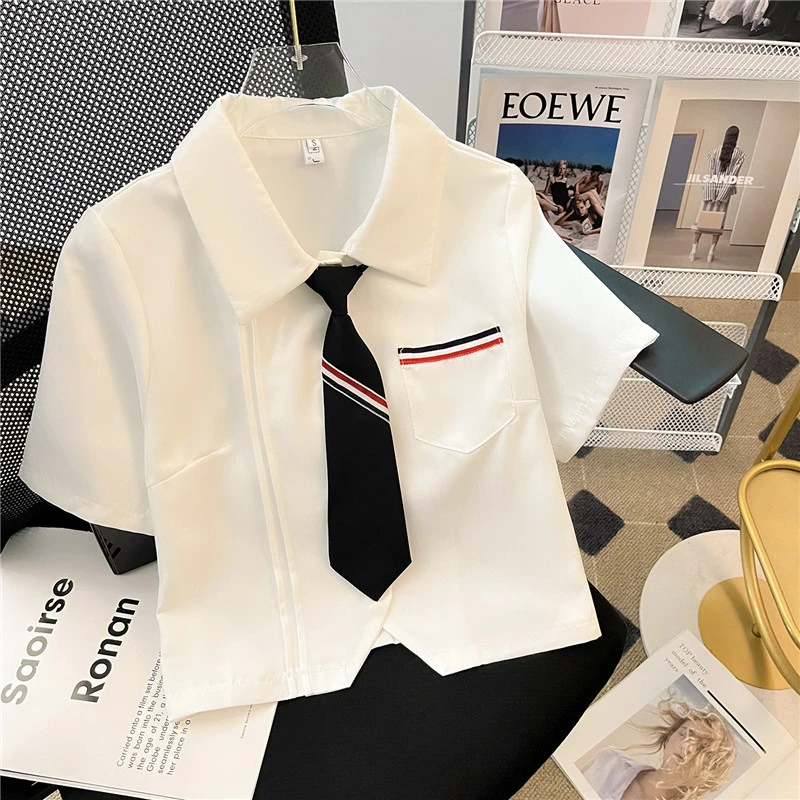 2024夏季新款日系制服学院风短袖白衬衫女上衣设计感小众领带衬衣