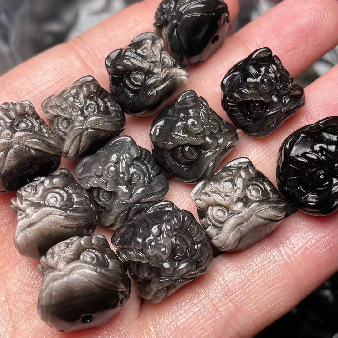 天然黑曜石醒狮DIY配饰吊坠配珠雕刻件手持配件男女通用银耀石