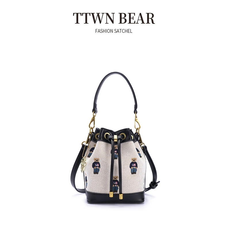 TTWNBEAR 天天维尼熊小熊帆布抽绳水桶包包女款单肩斜挎包TN-1713