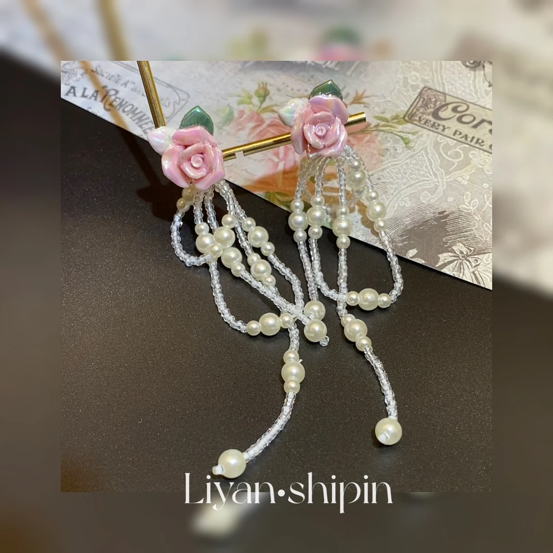 铜合金耳饰 【玫瑰朝露】温柔法式复古花朵流苏耳环A074