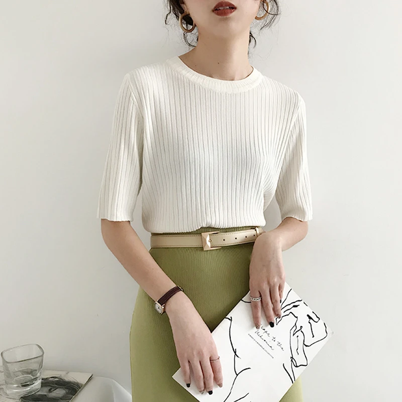 夏季新款圆领坑条针织短袖大码宽松垂感休闲纯色简约上衣女百搭