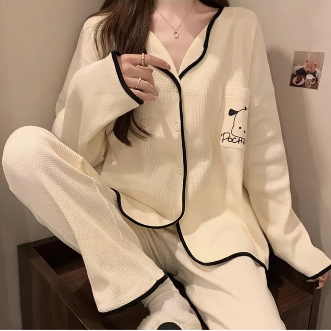 睡衣女2023新款春秋季长袖爆款卡通开衫翻领套装女士可外穿家居服