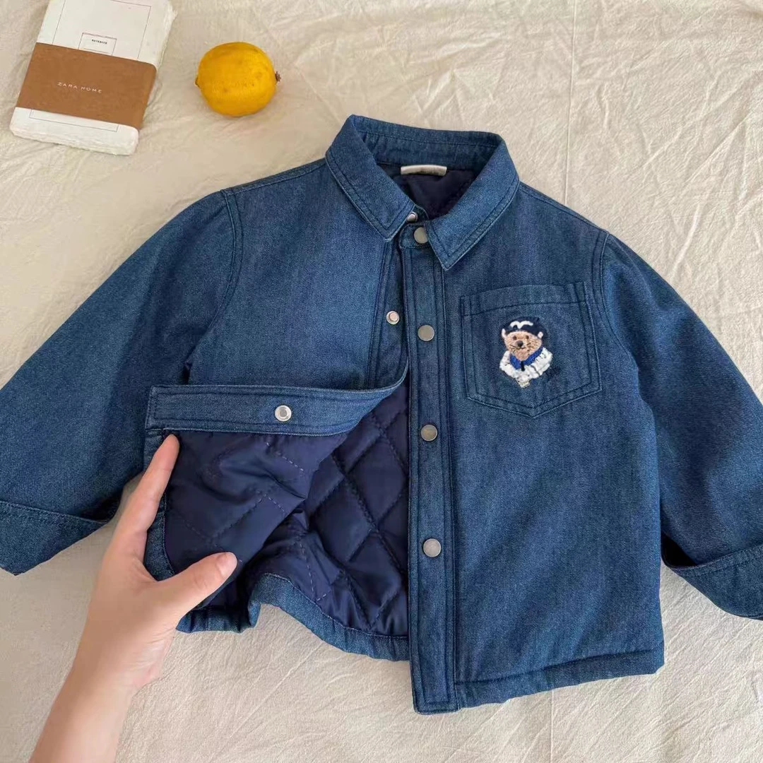 尚颜儿童夹棉外套2024冬款男童卡通小熊牛仔衬衫女童洋气加棉衬衣