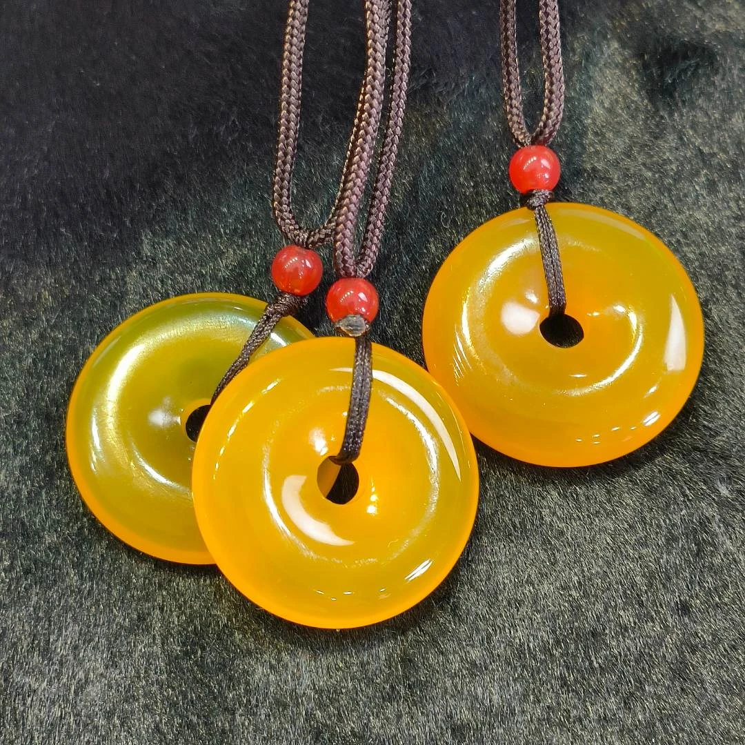 S6415【福嘟嘟珠宝】牛黄玛瑙黄平安扣吊坠-配绳子-多样性只发一件