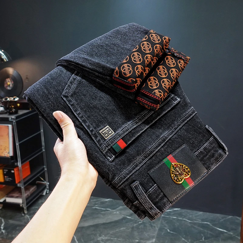 25秋冬季新款弹力牛仔裤男士韩版修身百搭印花时尚美式休闲长裤