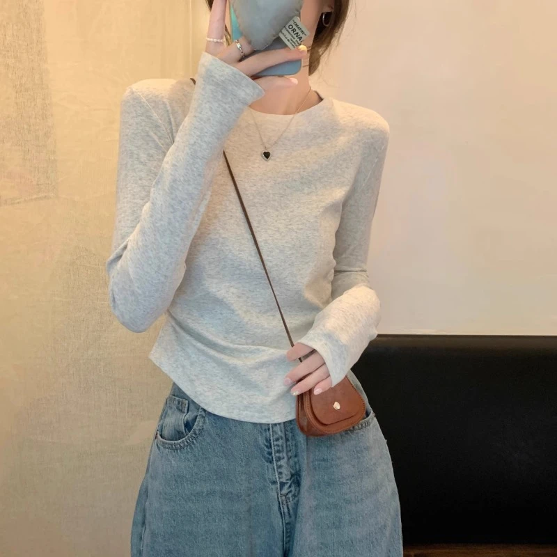 花灰色褶皱设计感T恤内搭女秋冬长袖短款秋衣正肩体恤打底衫上衣