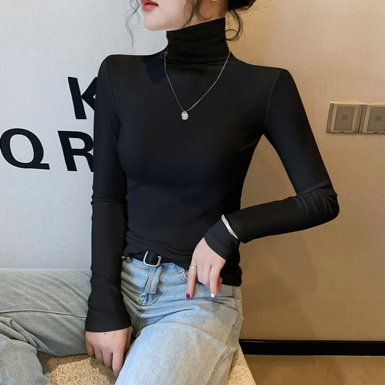 黑色高领薄绒打底衫女长袖内搭2025秋冬新款紧身磨毛保暖加厚上衣