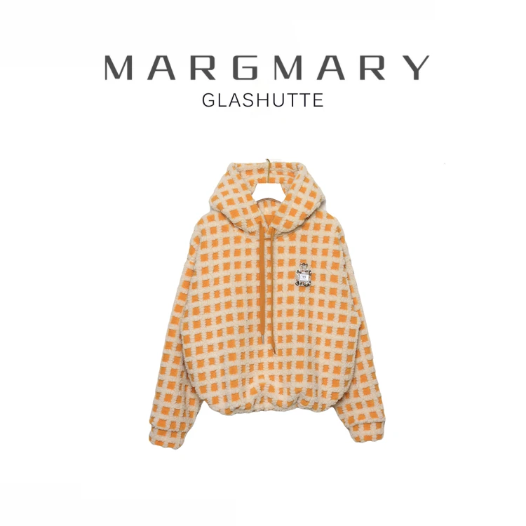 2024冬季设计师新款黄色方格休闲时尚百搭潮流显瘦连帽卫衣