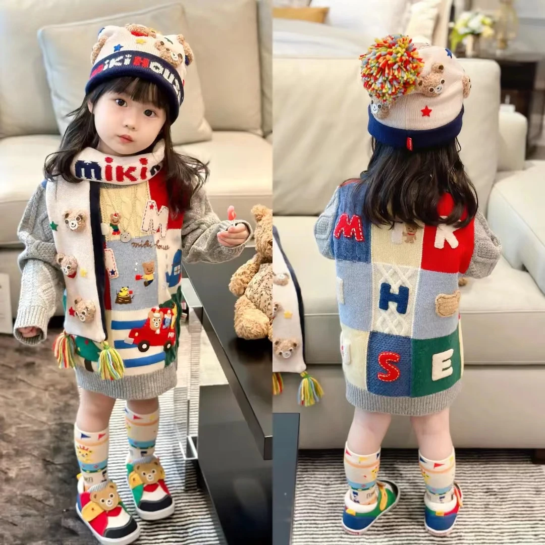 新款儿童MIKI秋冬男童女童潮牌刺绣九宫格熊兔拼色圆领套头毛衣