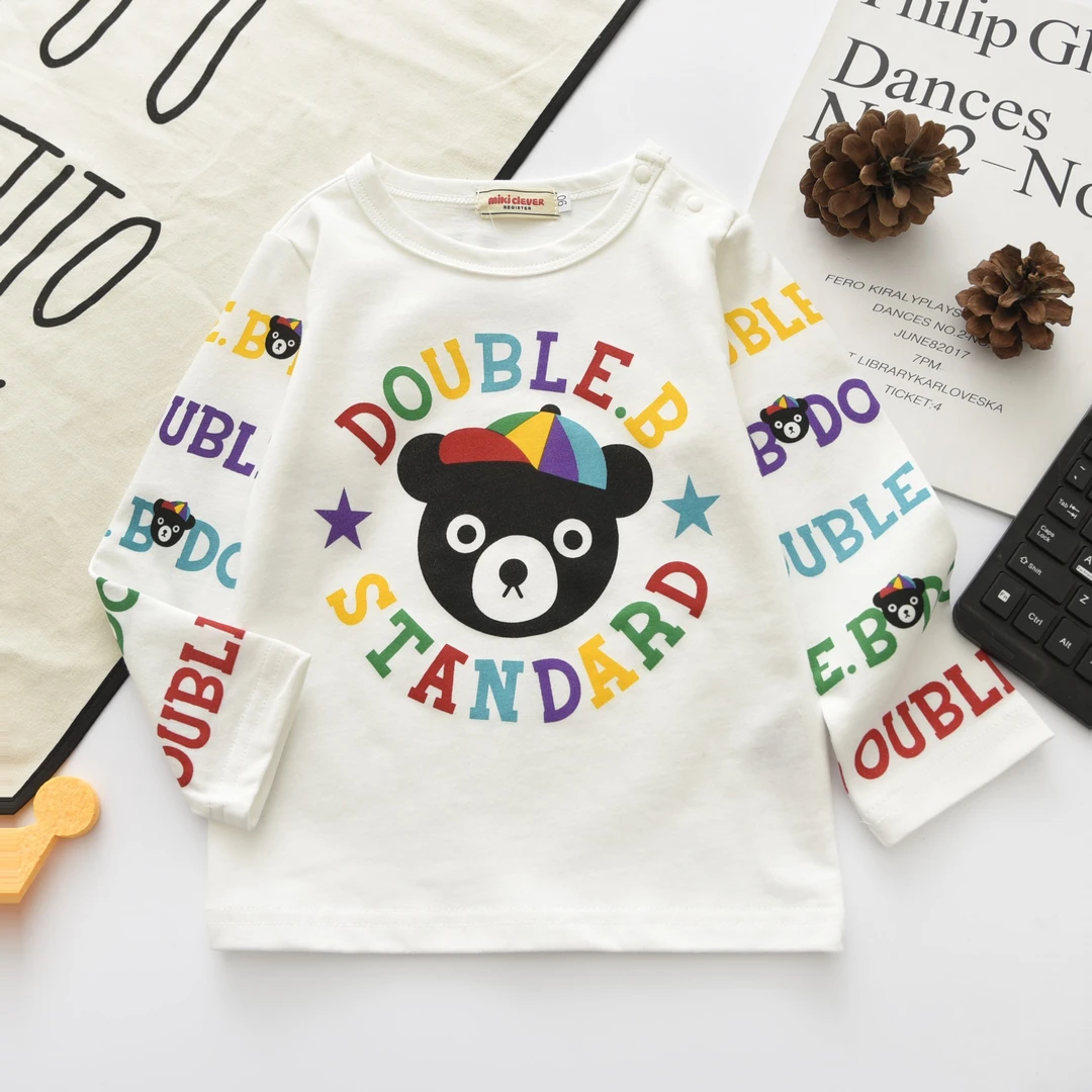 2024新款春季日系童装黑熊T血衫儿童卡通熊圆领彩色字母长袖2530