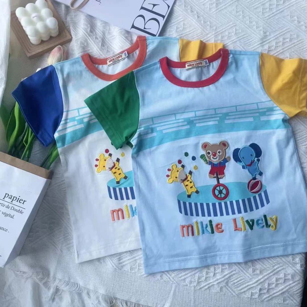 儿童新款夏季男童女童宝宝半袖刺绣马戏团拼色撞色圆领短袖上衣