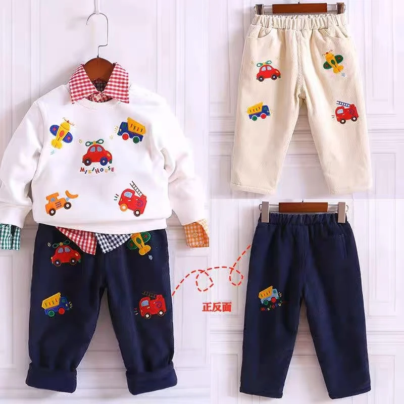 新款日系儿童男童女童春秋款卡通消防车长裤加绒保暖裤子洋气童裤
