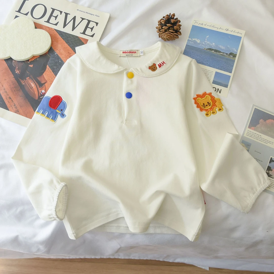 24夏新儿童衬衫日系男女童卡通狮子翻领海军领刺绣长袖T恤潮2532