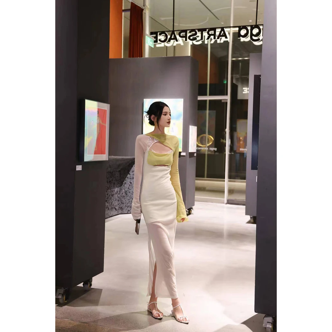 1423【抹茶甜巧】白拼绿蕾丝扭转长袖连衣裙 -J