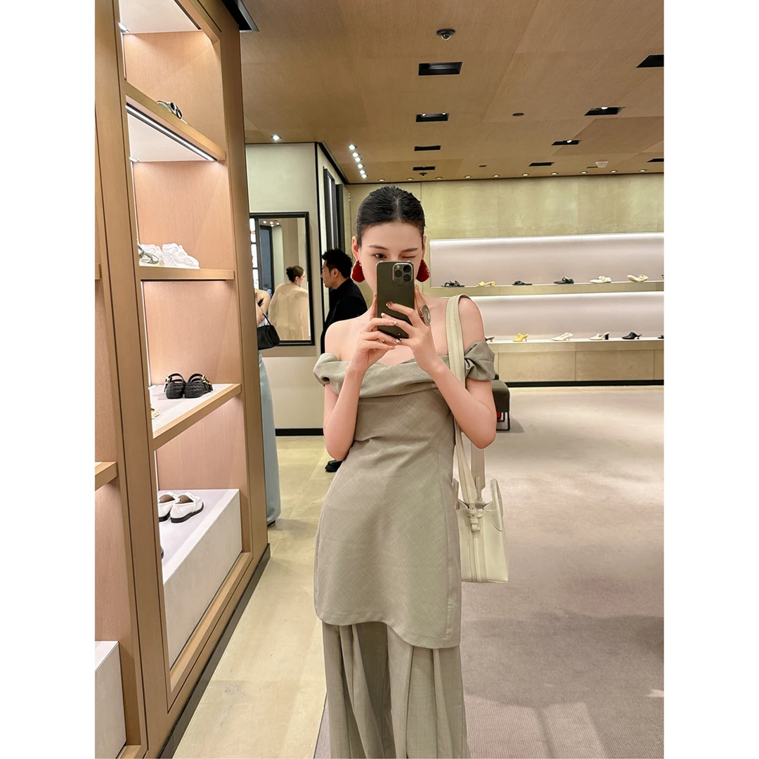 1423【秋日漫步】一字领上衣&宽松休闲裤子不规则两件套装