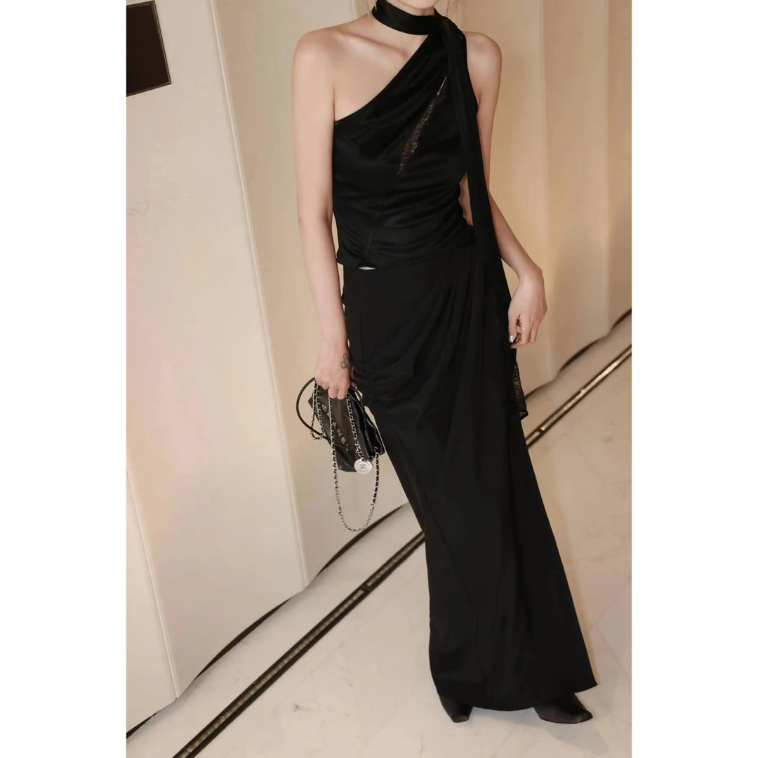 1423【纸鸢】蕾丝拼接飘带醋酸上衣&不规则褶皱半裙套装