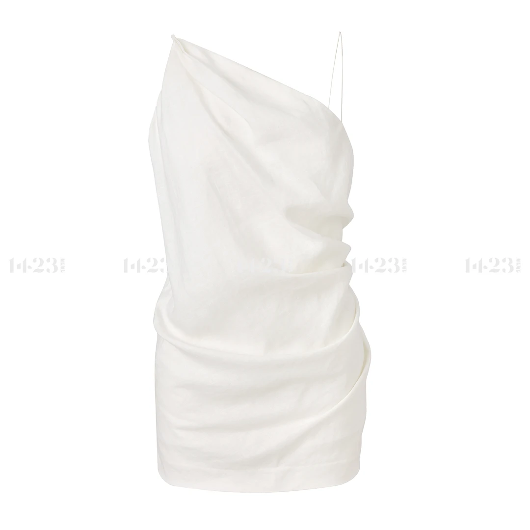 1423【定义不同】斜肩不对称皱褶美背上衣 - J