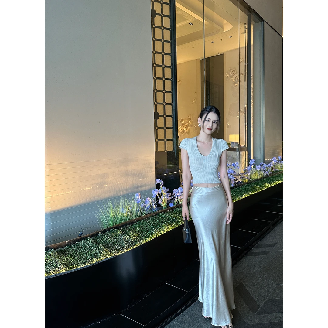 1423【波光粼粼】极简醋酸显瘦鱼尾裙