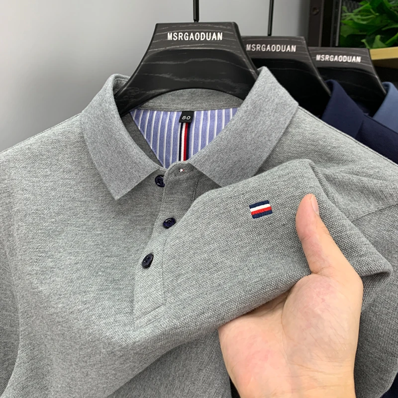 高端刺绣男t恤新疆网眼珠地翻领长袖Polo衫重磅上衣男中青年打底