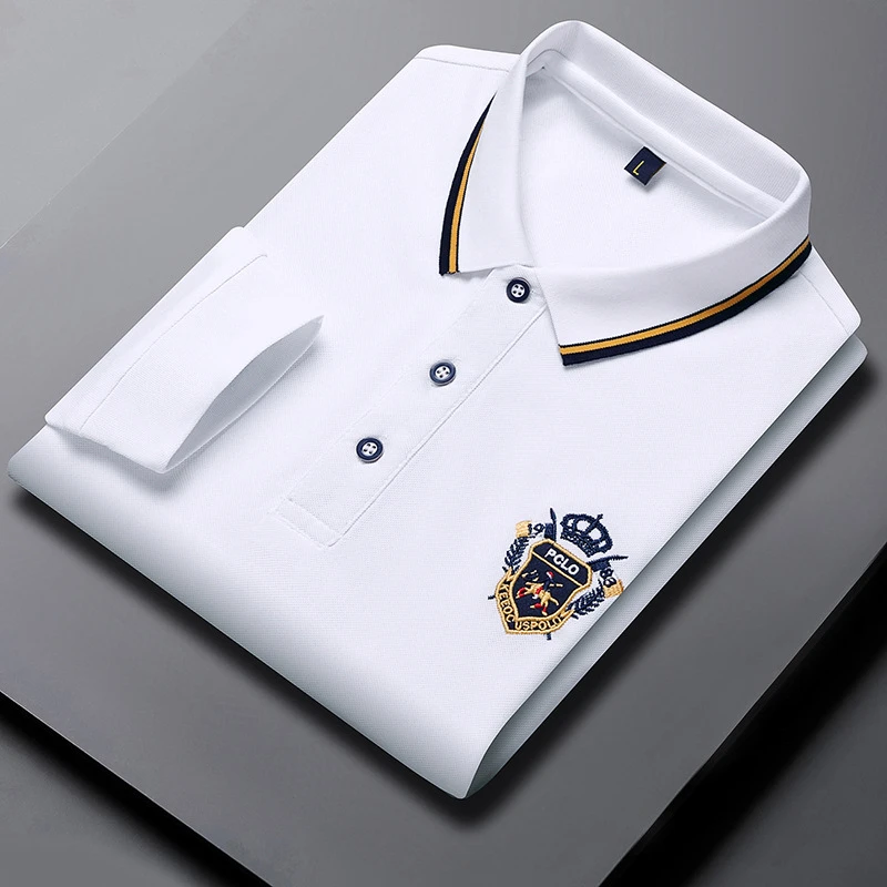 春季经典长袖翻领Polo衫高档品质立领商务中青年重磅男士打底衫