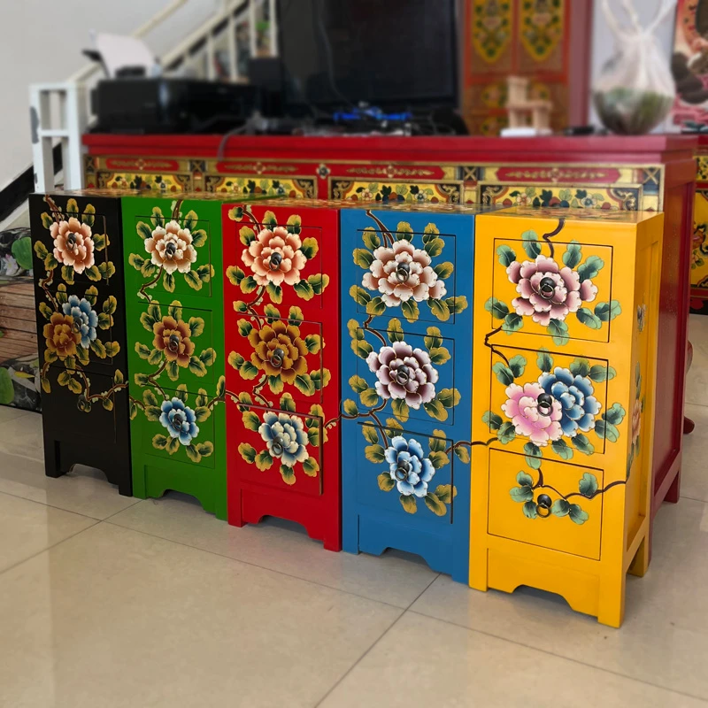 《牡丹三斗柜》复古纯手绘客厅阳台卧室储物柜彩绘花架30*26*75CM