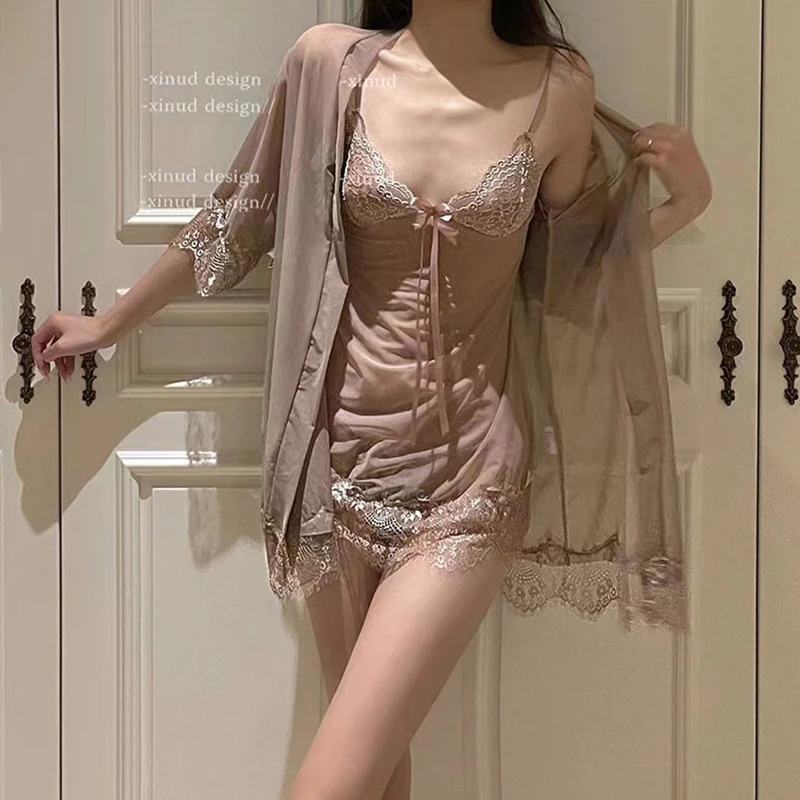 【若隐若现】性感纯欲风睡衣女蕾丝网纱薄款吊带睡裙家居服四件套