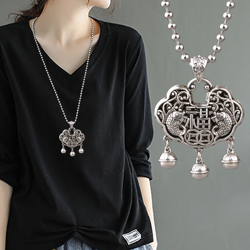 钛钢项链 圆珠链 福运长命平安锁项链民族风百搭男女长款毛衣链子