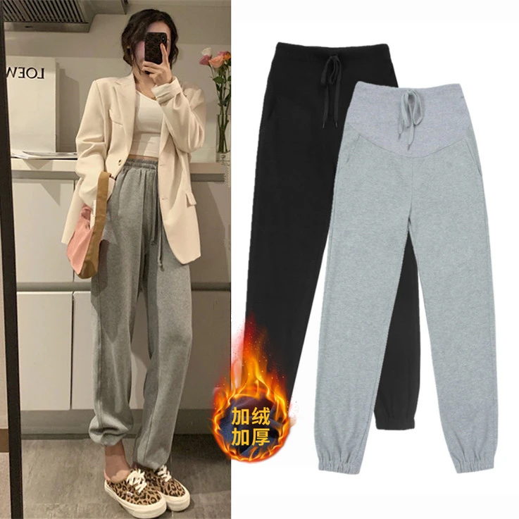 2024秋冬季新款外穿孕妇裤运动裤子宽松休闲显瘦加绒束脚孕妇卫裤