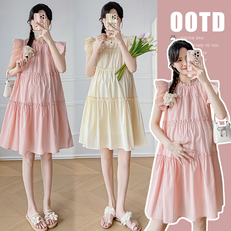 孕妇装2024夏季新款法式韩版休闲可爱甜美飞飞袖时尚孕妇连衣裙夏