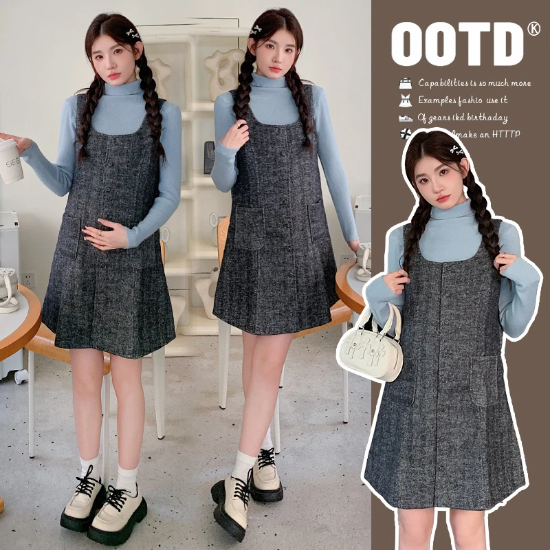 孕妇装秋冬毛呢背心裙两件套甜美连衣裙春秋时尚韩版小个子孕妇装