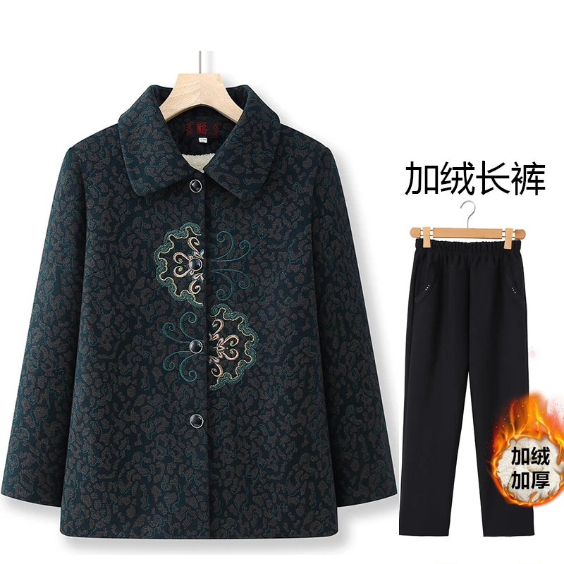 妈妈装冬季新款绣花上衣中老年女加绒加厚保暖外套奶奶装绣花衣服