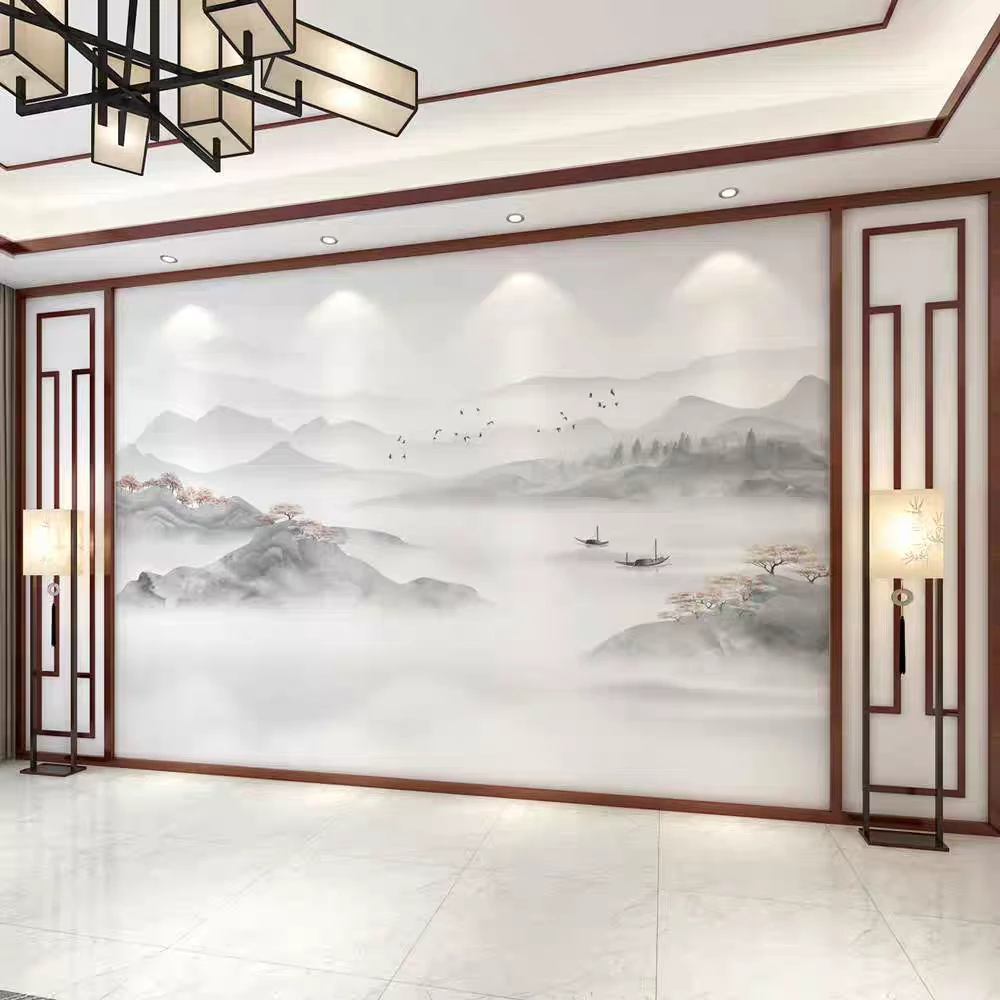 定制水墨山水电视背景墙原创客厅沙发装饰壁画墙布电视墙背景墙