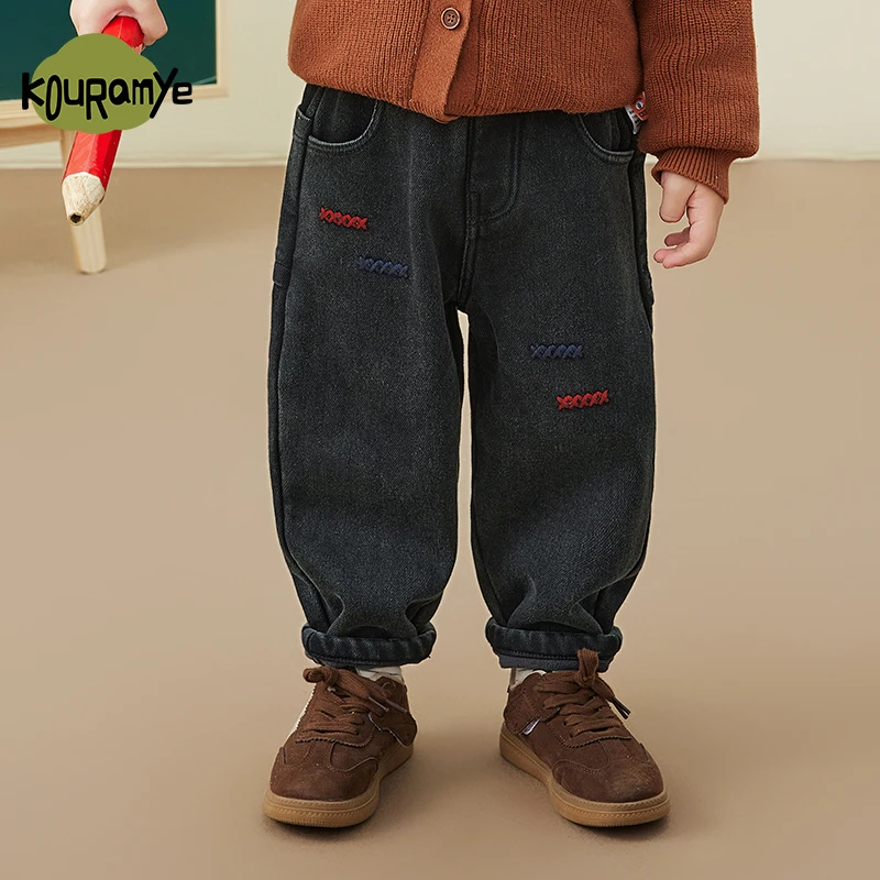 酷娃米深秋冬季新款裤子中小男女童时尚百搭加绒软牛仔裤70356
